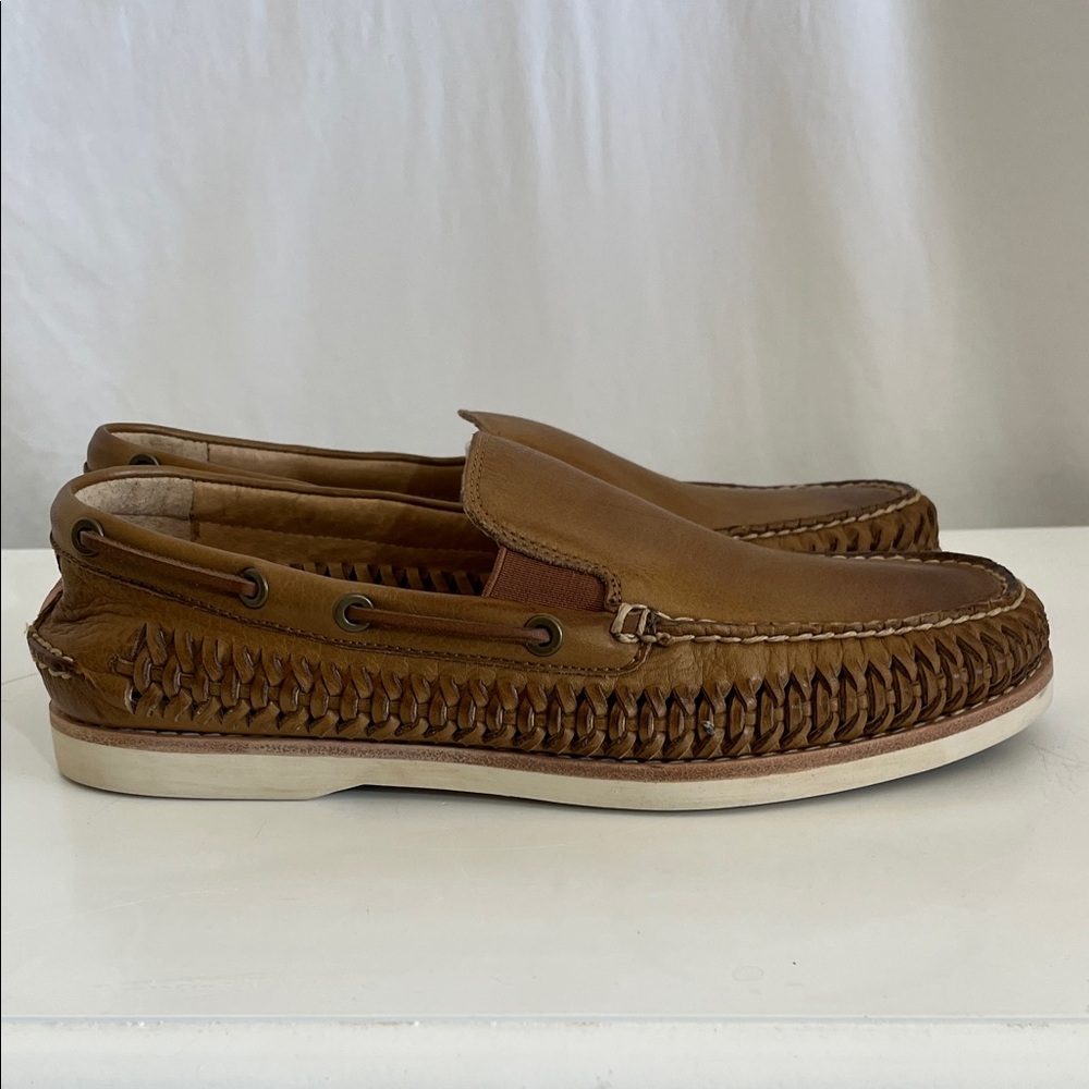 Frye Tan Woven Leather Boat Shoes
